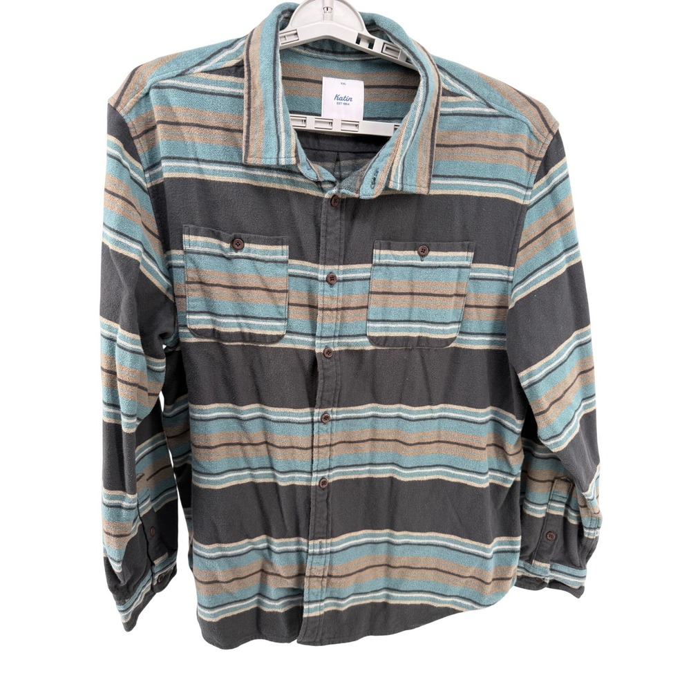Katin Mens XXL Flannel Button Down Shirt Striped Long Sleeve Grey Teal Cotton‎